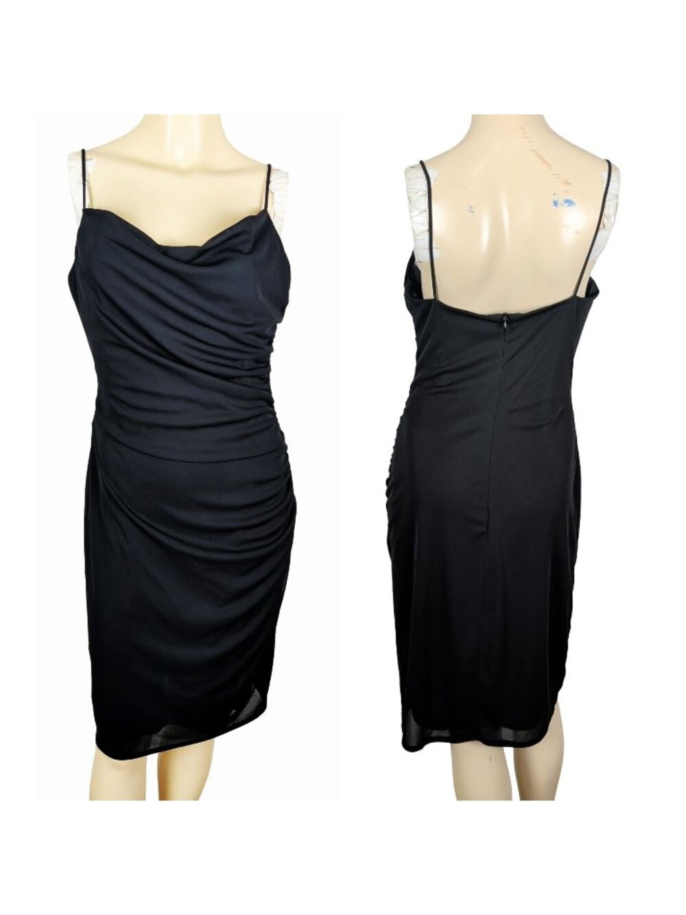 David Meister Black Cocktail Dress Size 12 Ruched Cowl Neck Midi Slip Evening